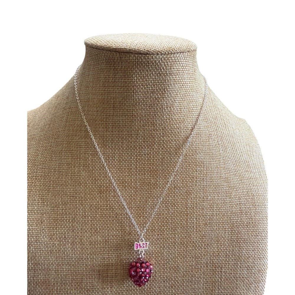 Silver Tone Pink Rhinestone Heart BEST Charm Pendant Necklace Y2K Gift